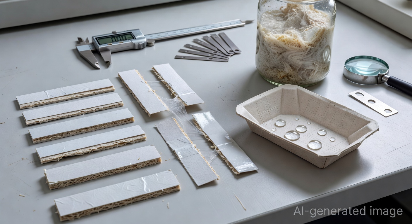 Material testing lab comparing barrier coated paper samples and water resistance