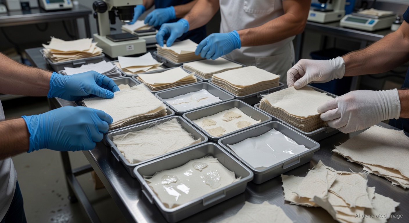 Workers sorting coated paper packaging samples into recycling test trays