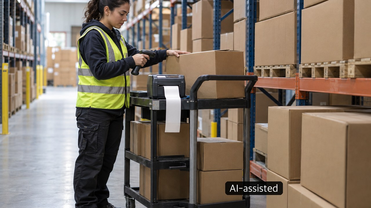 Generic warehouse worker using a barcode scanner beside a rolling cart and label printer