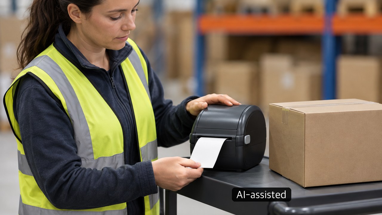 Worker checking a compact label printer beside cartons at a generic logistics workstation