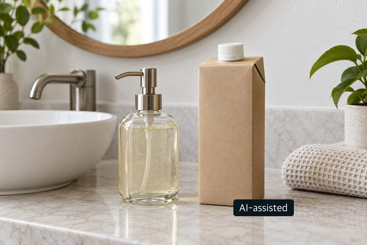 Unbranded liquid-soap refill carton and reusable pump bottle in a conceptual bathroom scene