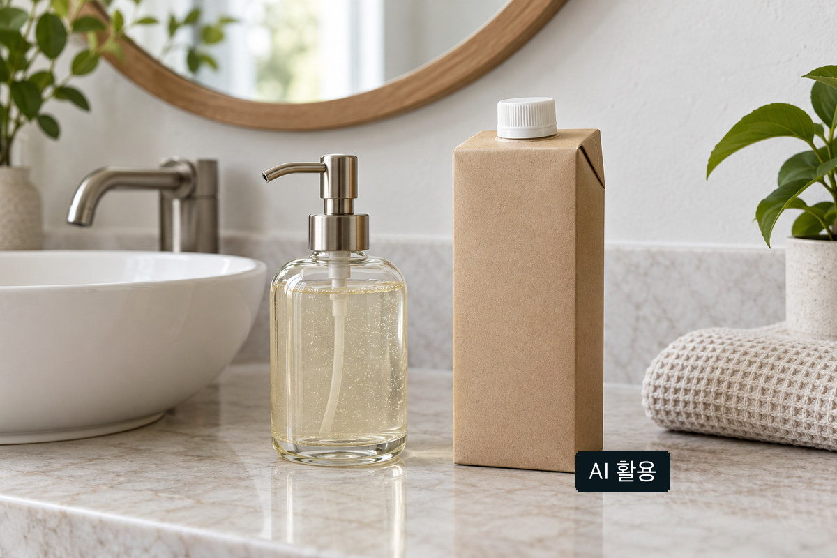 브랜드 없는 액상 비누 리필 카톤과 재사용 펌프병을 나란히 놓은 개념 장면