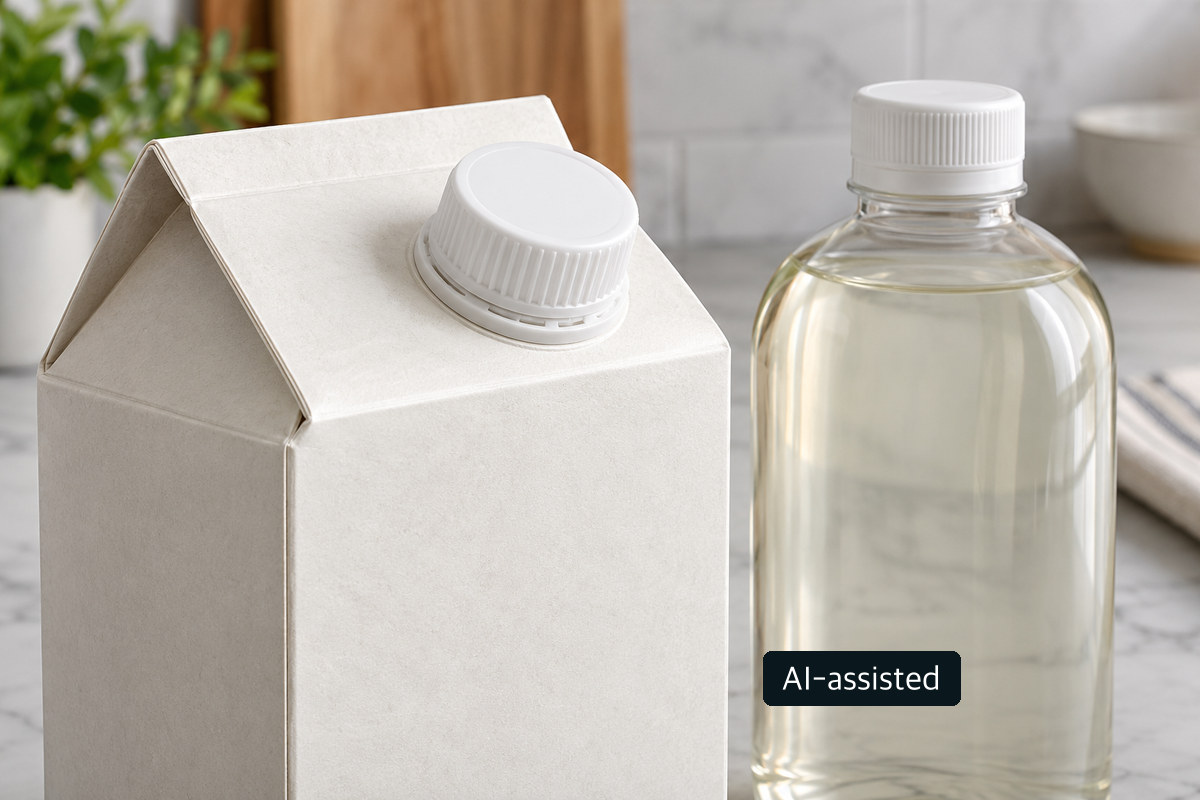 Unbranded liquid carton and reusable bottle illustrating a refill scenario