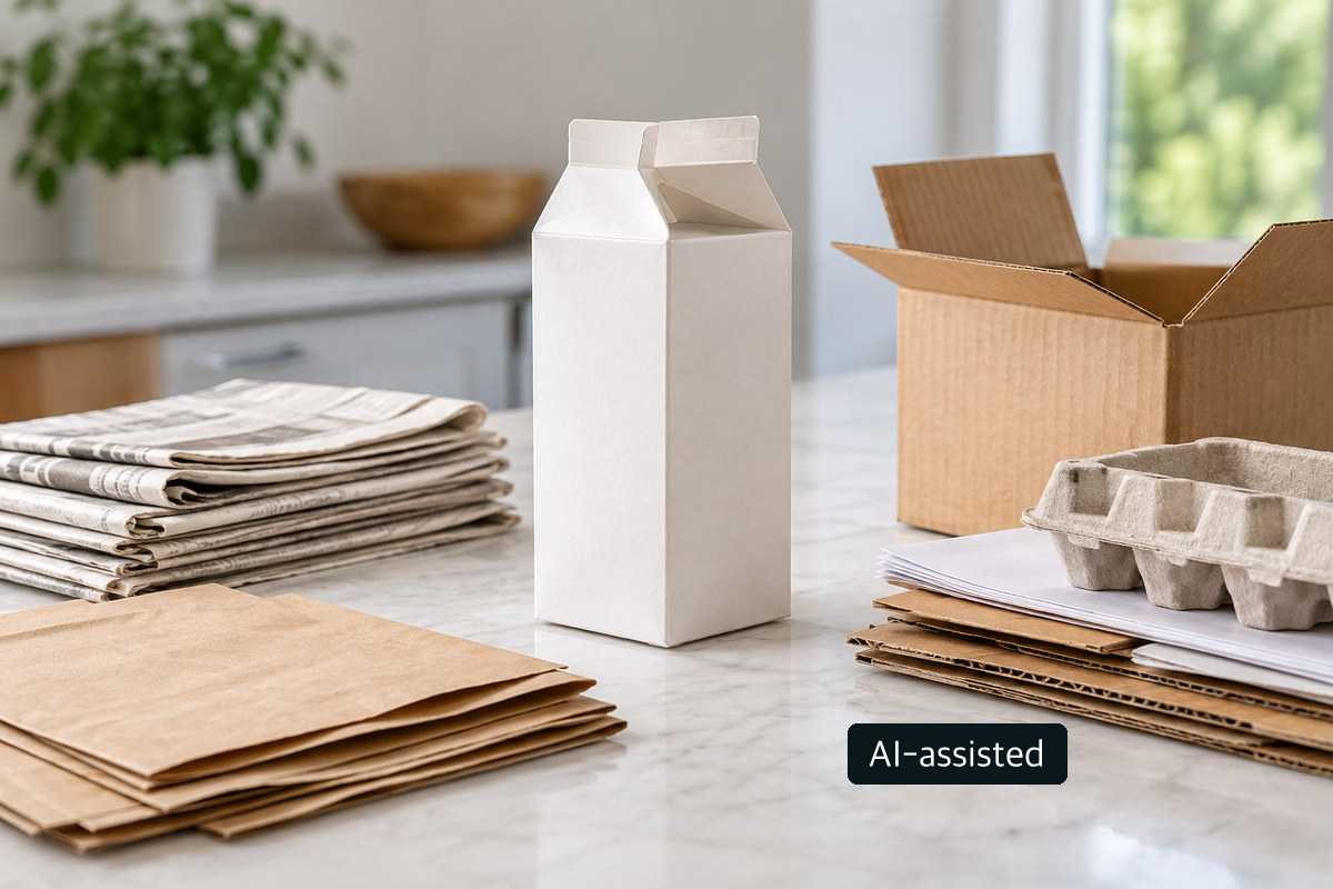 Unbranded paper-based liquid carton and reusable bottle on a kitchen counter, conceptual scene