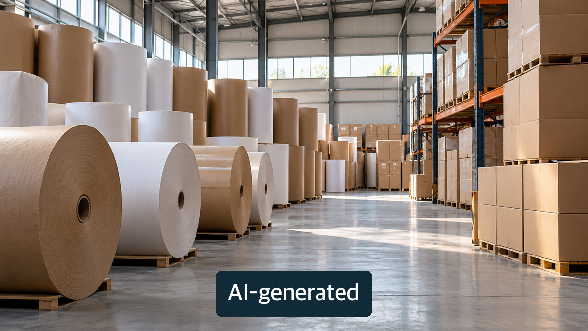Unbranded conceptual warehouse with paper rolls and shipping cartons