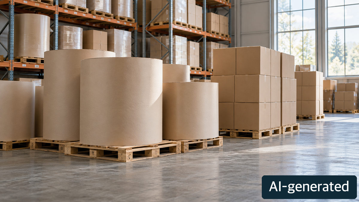 Conceptual unbranded paper-stock distribution scene, not a post-acquisition facility