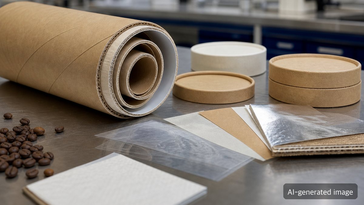 Coffee beans, paper tube packaging, liner samples, caps, and barrier test materials arranged for review