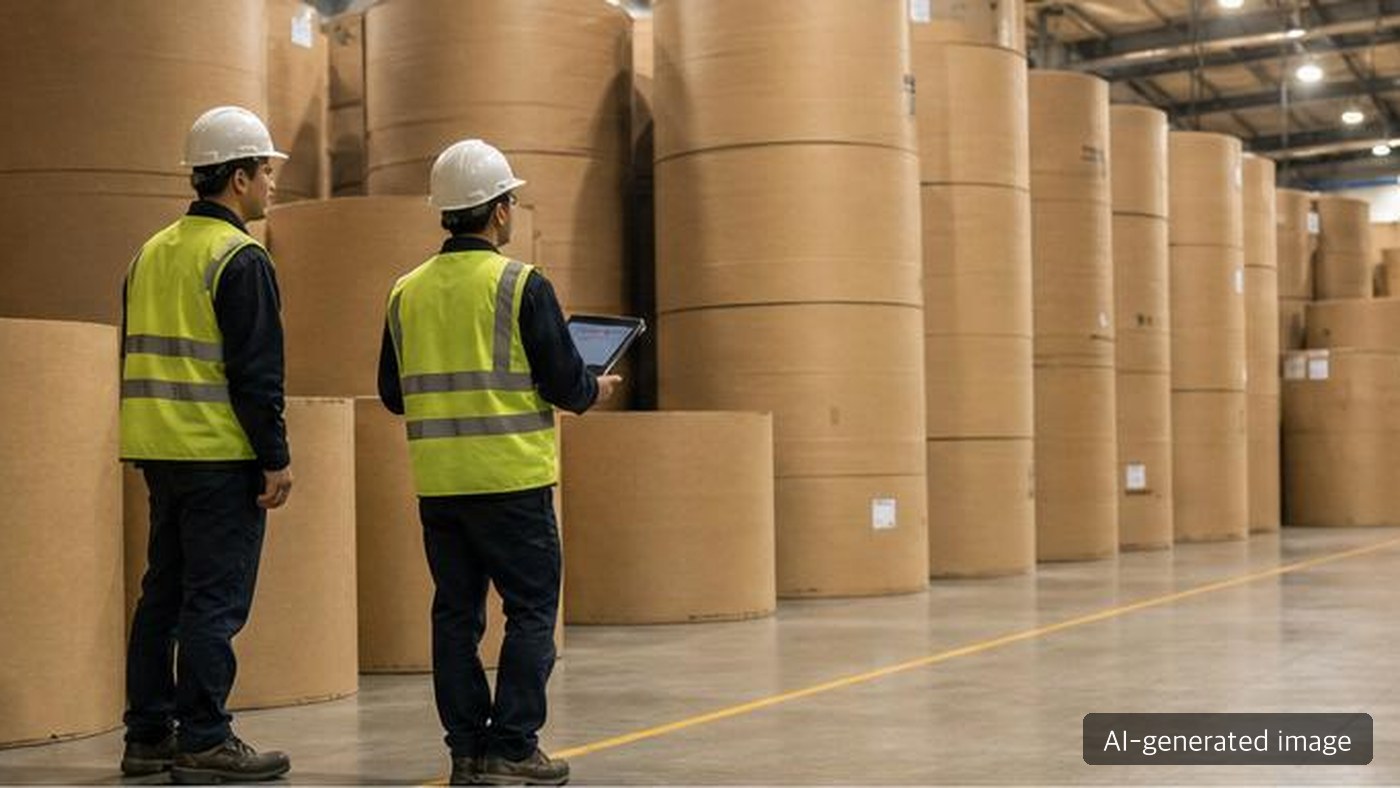 Containerboard rolls and pricing documents in a packaging warehouse