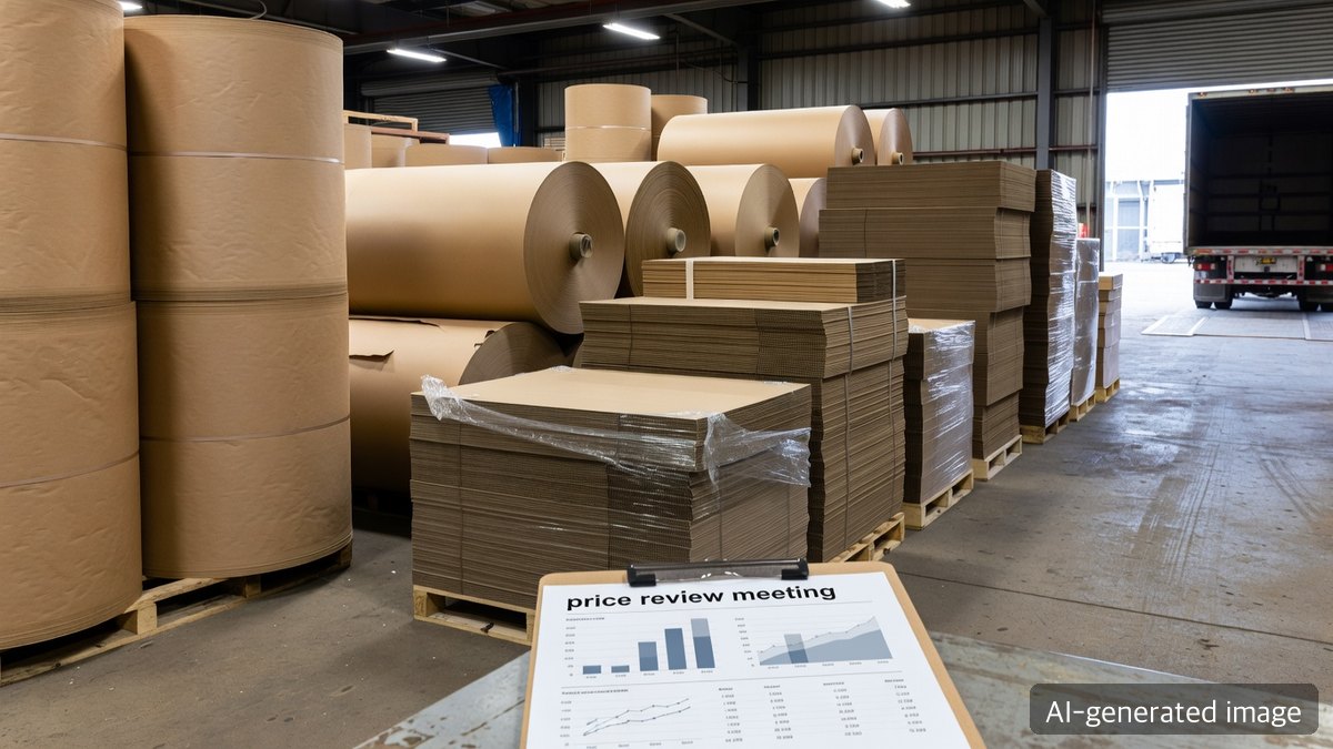 Warehouse team reviewing containerboard rolls and corrugated sheets as cost signals change
