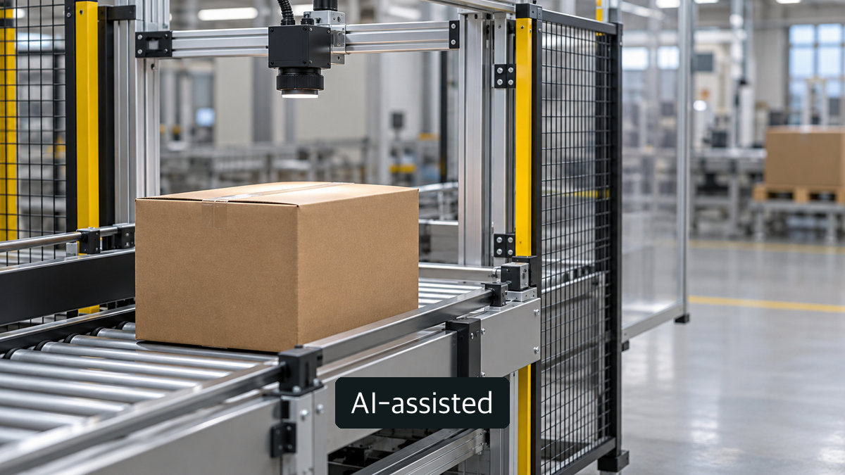 AI-generated conceptual image of an unmarked corrugated outer carton and generic inspection camera; not a real GS1 code or documented line trial