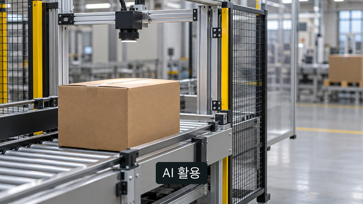 AI 생성 개념 이미지: 무표기 골판지 외박스와 카메라 설비. 실제 GS1 코드나 검증된 생산라인 시험 사진이 아님