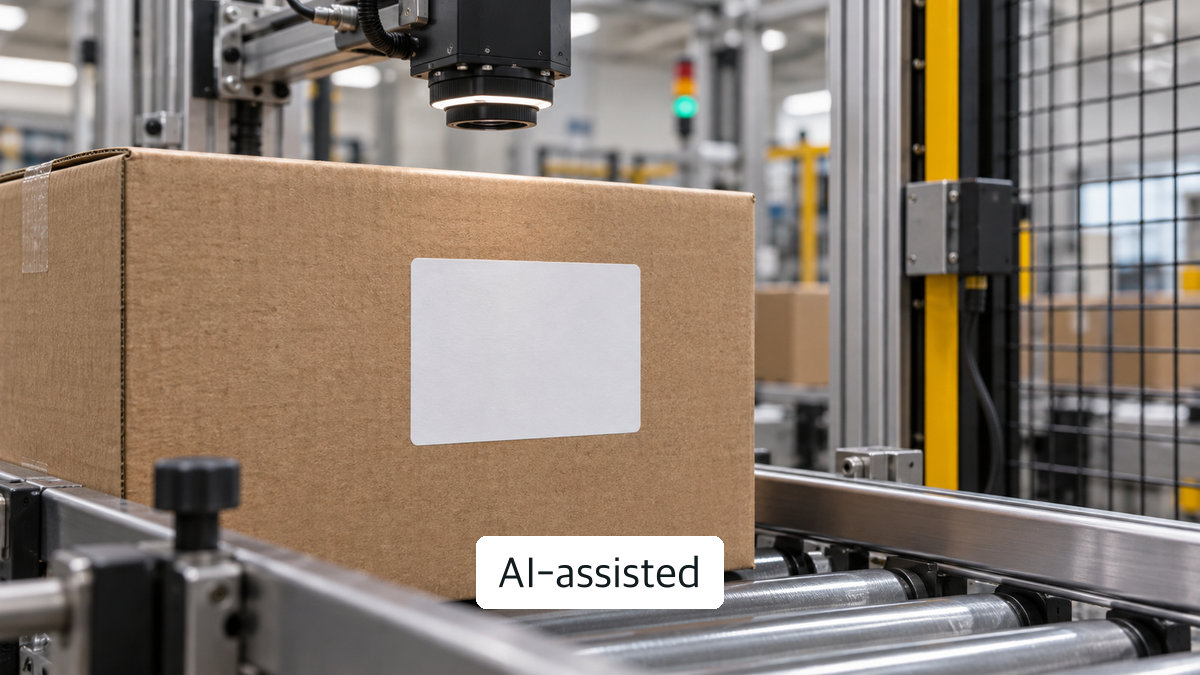 AI-generated conceptual image of a blank label area on an unmarked carton beneath generic inspection equipment; not a code-read trial or pass result