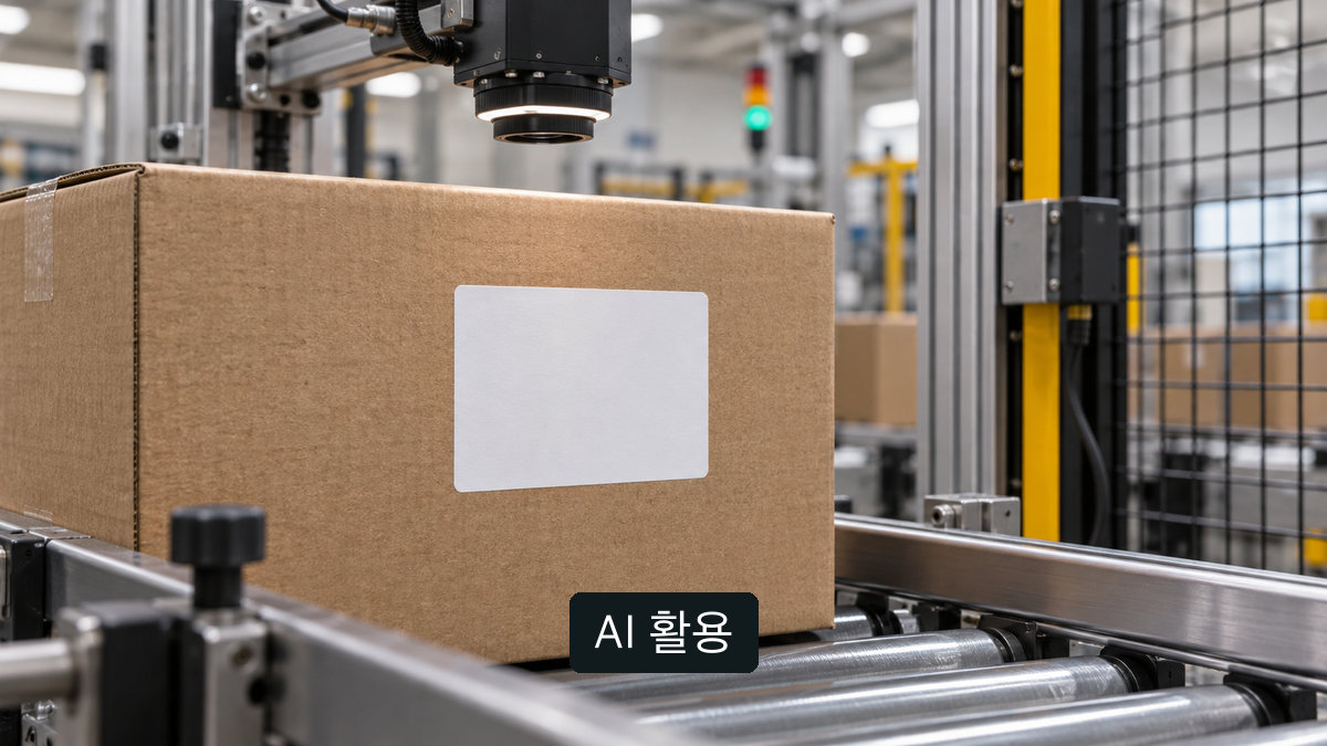 AI 생성 개념 이미지: 코드가 인쇄되지 않은 외박스의 빈 라벨 부위와 일반 카메라 설비; 실제 코드 판독 시험이나 합격을 나타내지 않음