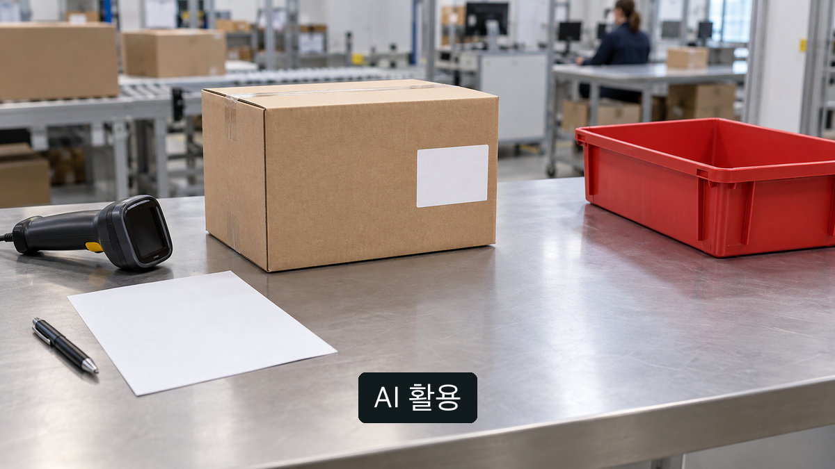 AI 생성 개념 이미지: 무표기 외박스, 사용하지 않는 스캐너와 빈 격리함을 놓은 일반 품질 작업대; 실제 반품·불량 기록이 아님