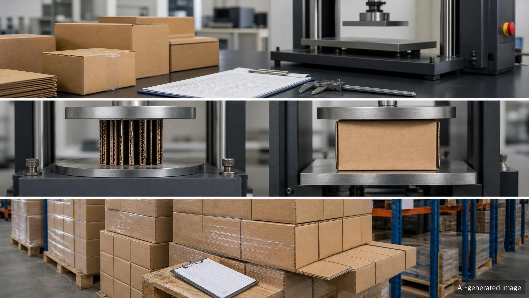 Workbench showing a corrugated box compression strength calculation sheet alongside ECT and BCT testing equipment