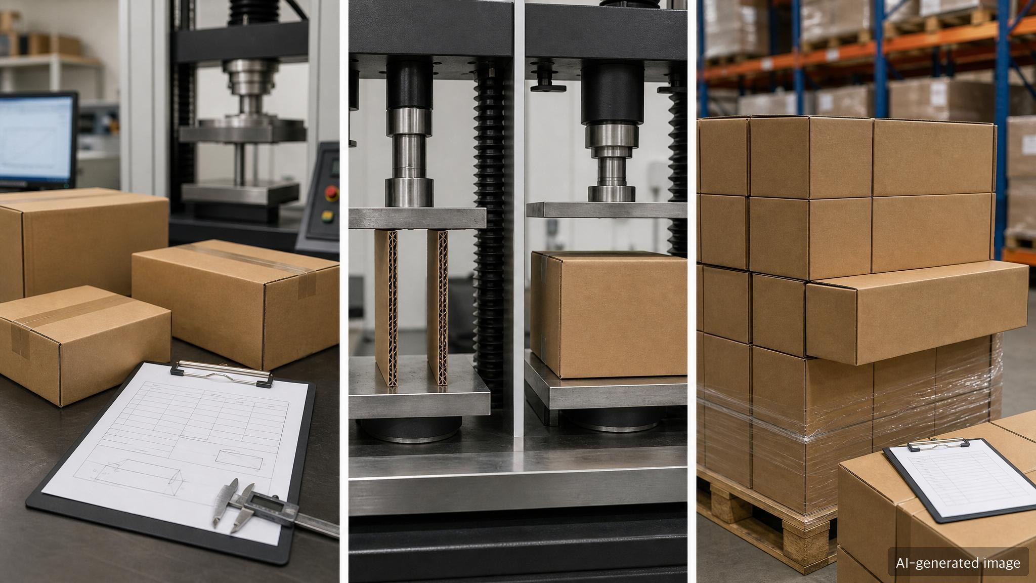 Laboratory scene comparing edge crush testing of corrugated board with compression testing of a finished box