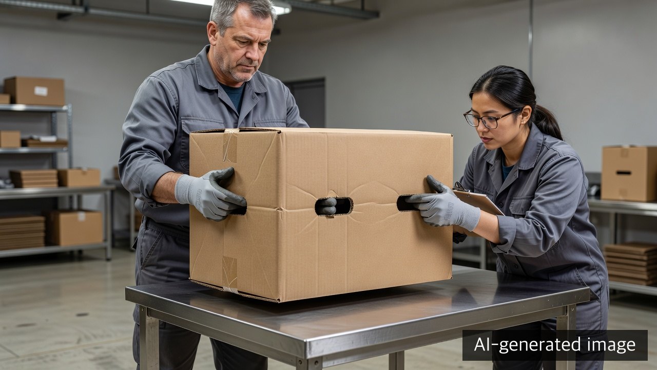 AI-generated view of a worker lifting a loaded corrugated box through reinforced hand holes on a quality test bench