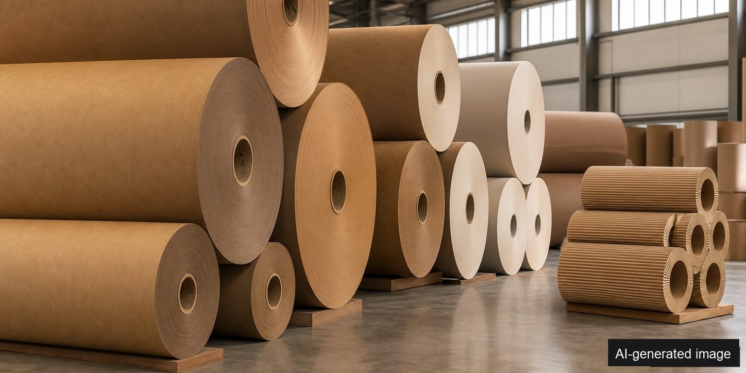 Packaging engineer reviewing corrugated board rolls and samples in an industrial workshop