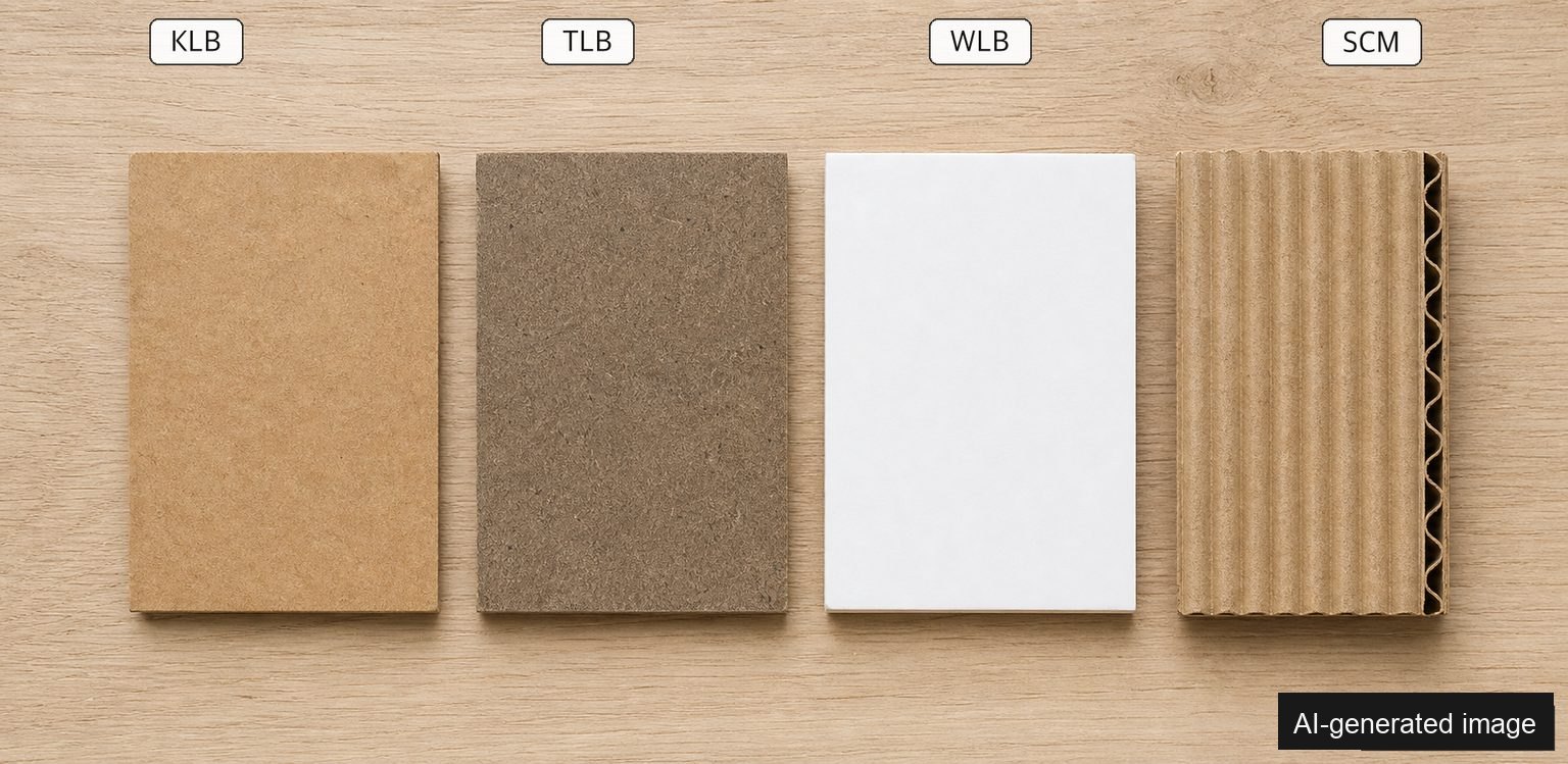 Corrugated board samples, calipers, and design notes on a packaging workbench