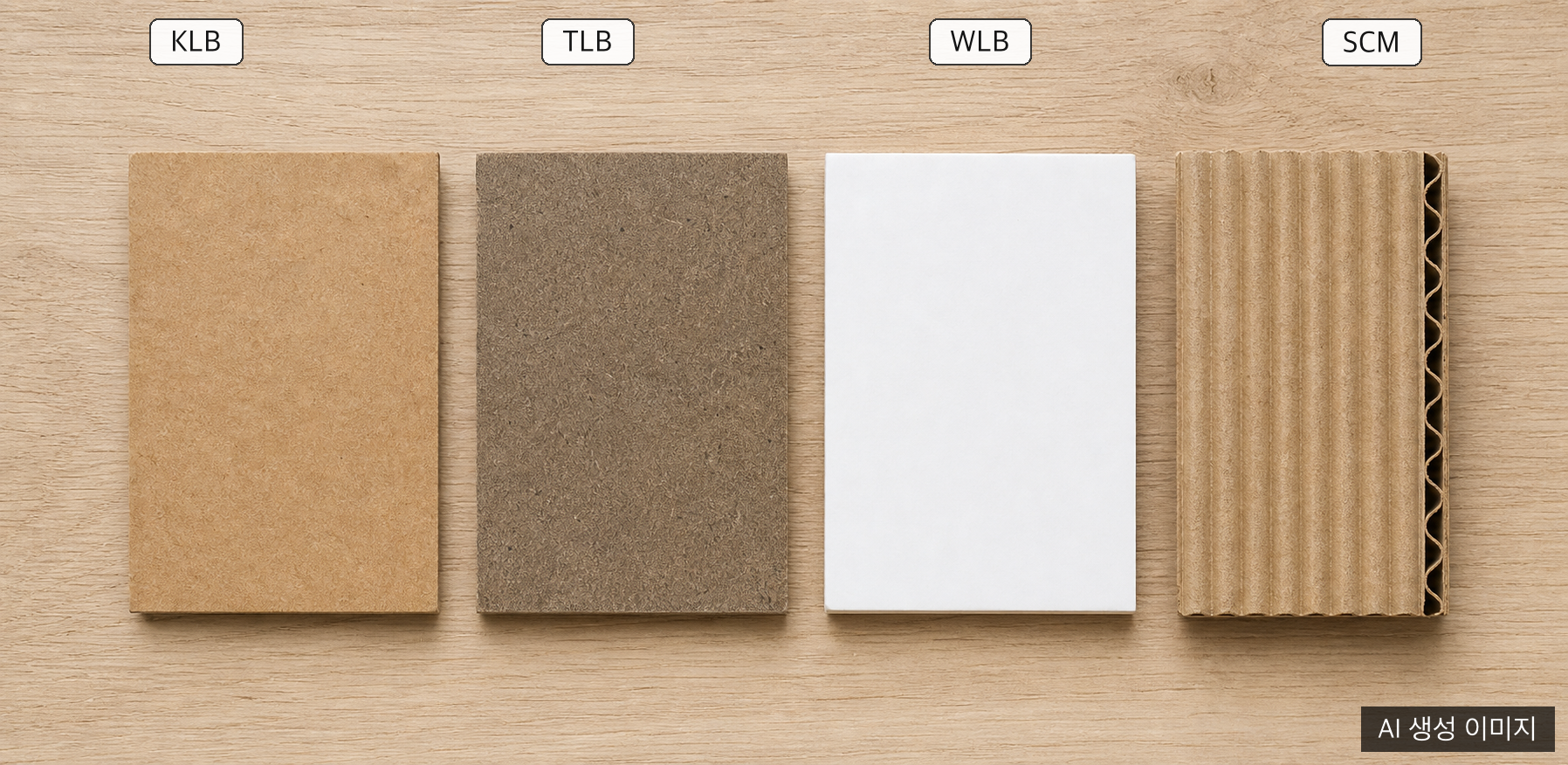 KLB·TLB·WLB·SCM 4종 골판지 원지 샘플 비교