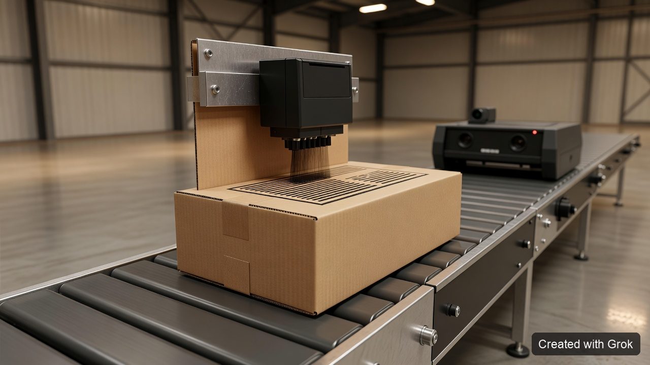 AI-generated concept · Created with Grok: generic direct-printing line for a parcel box, not a photograph of CIJ Korea's installed equipment