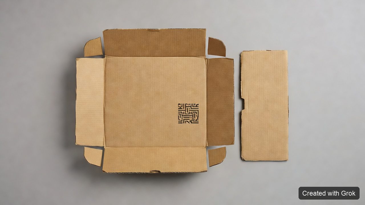 AI-generated concept · Created with Grok: a flattened box blank with an abstract print area, not actual customer data or a field sample