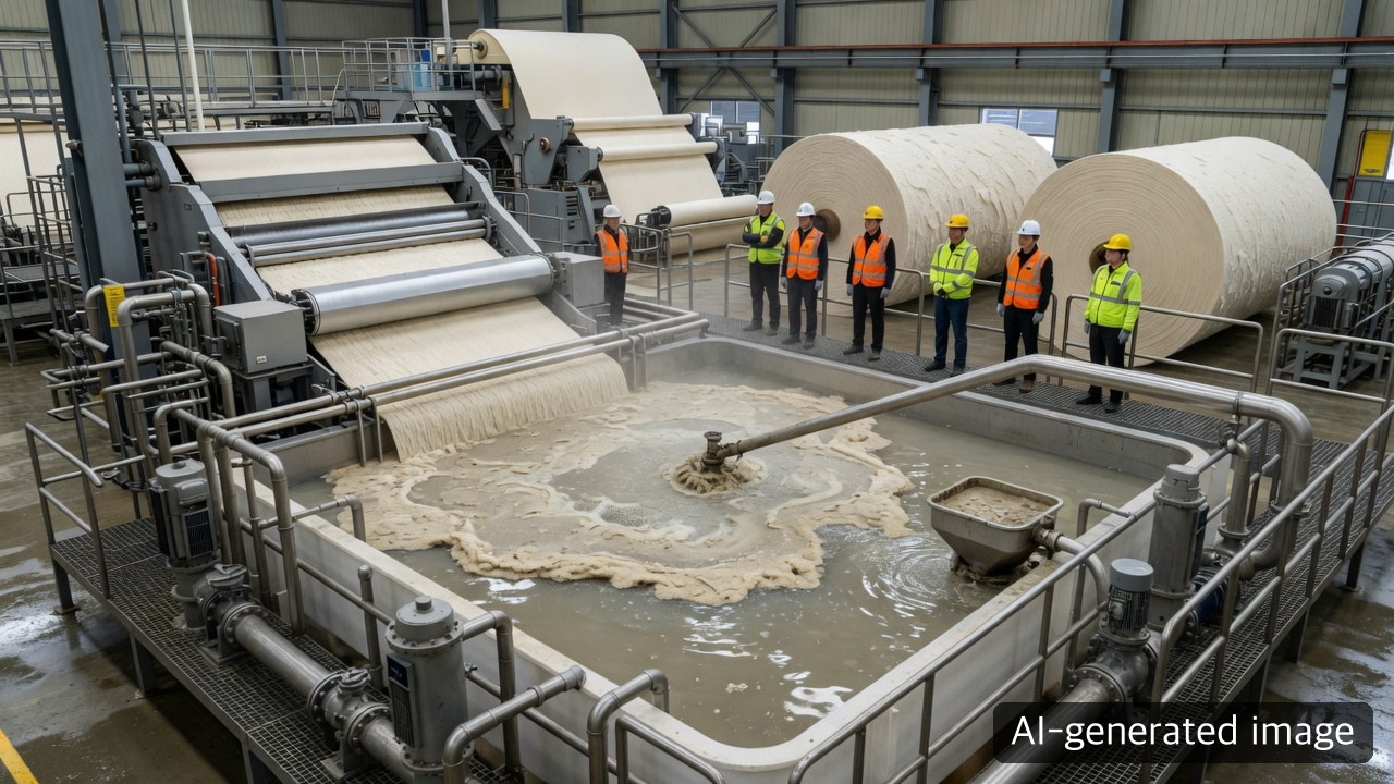 Illustrative corrugating-medium mill with a white-water recovery tank and operators on a guarded walkway