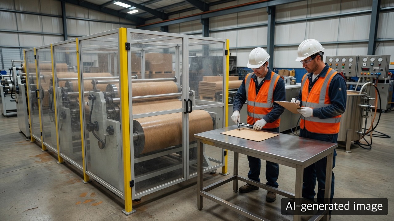 Illustrative guarded pilot papermaking and sizing equipment with technicians measuring a stationary handsheet at a separate inspection table