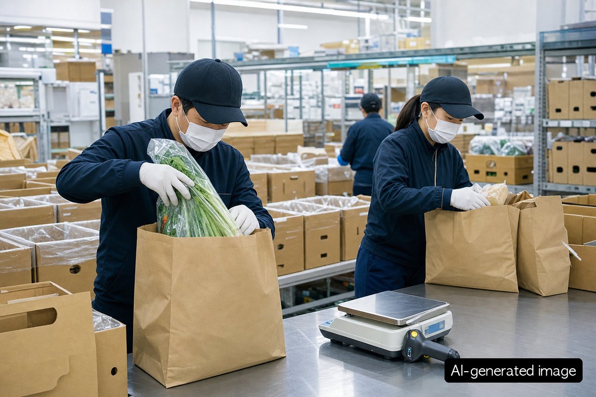 Workers packing dawn delivery goods into kraft paper bags at a logistics center