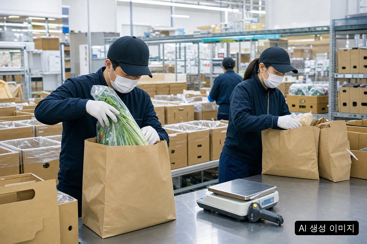 물류센터 작업대에서 새벽배송 상품을 크라프트 종이봉투에 포장하는 장면
