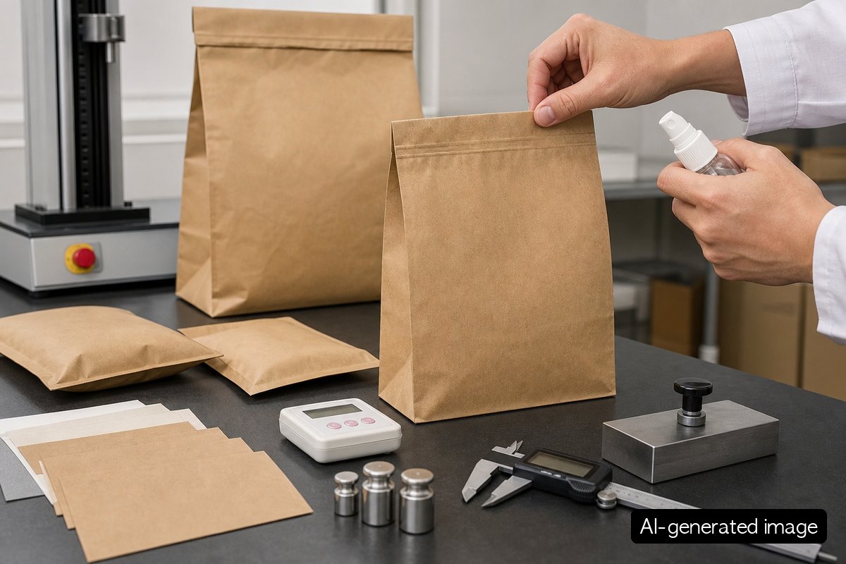 Quality-control workstation testing moisture resistance and load conditions for paper bags