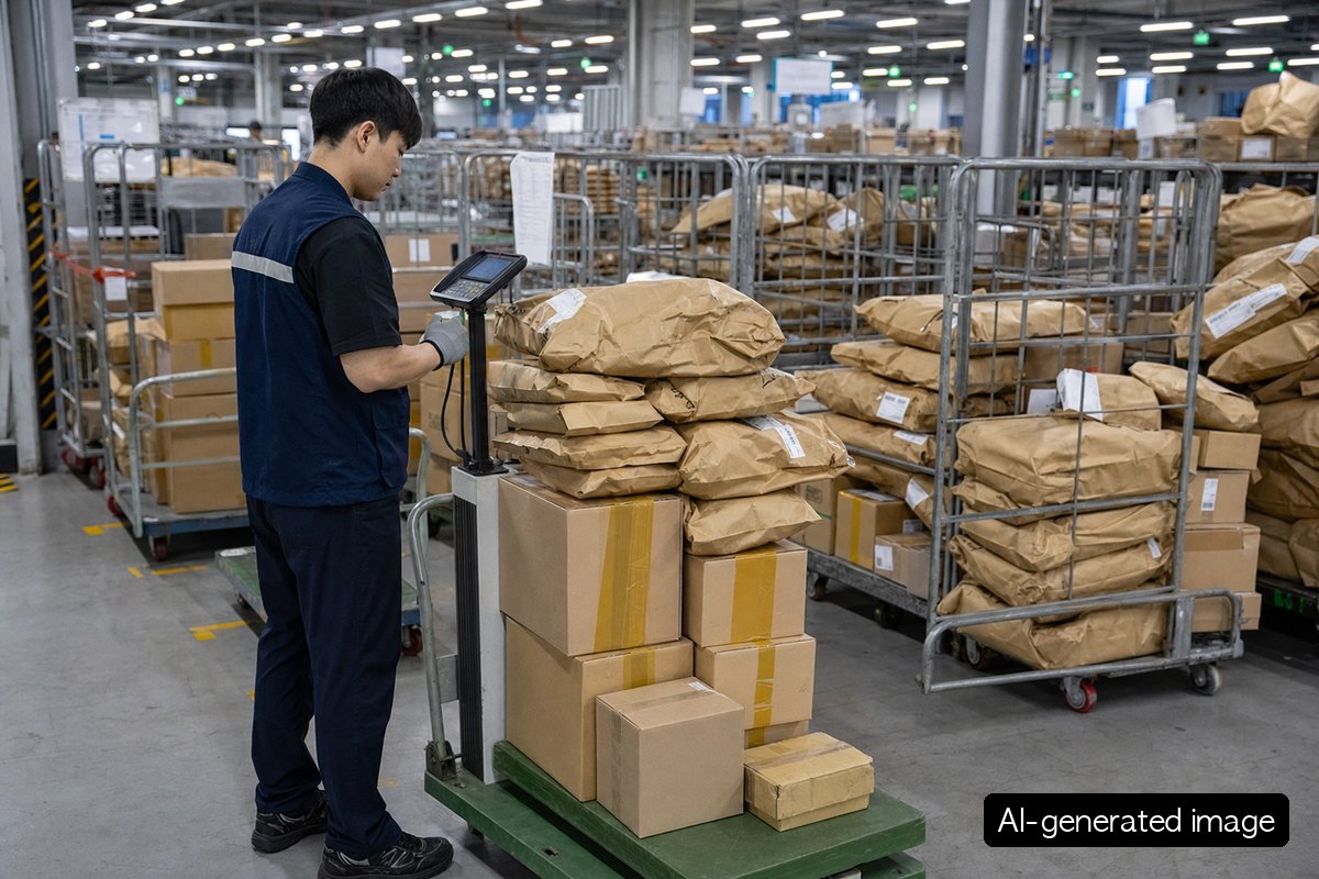 Outbound logistics area sorting paper delivery bags and small cartons by weight class