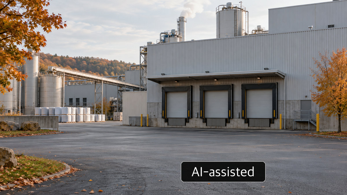 AI-generated conceptual scene of an unmarked industrial building and loading area; not the actual Covington mill or incident scene