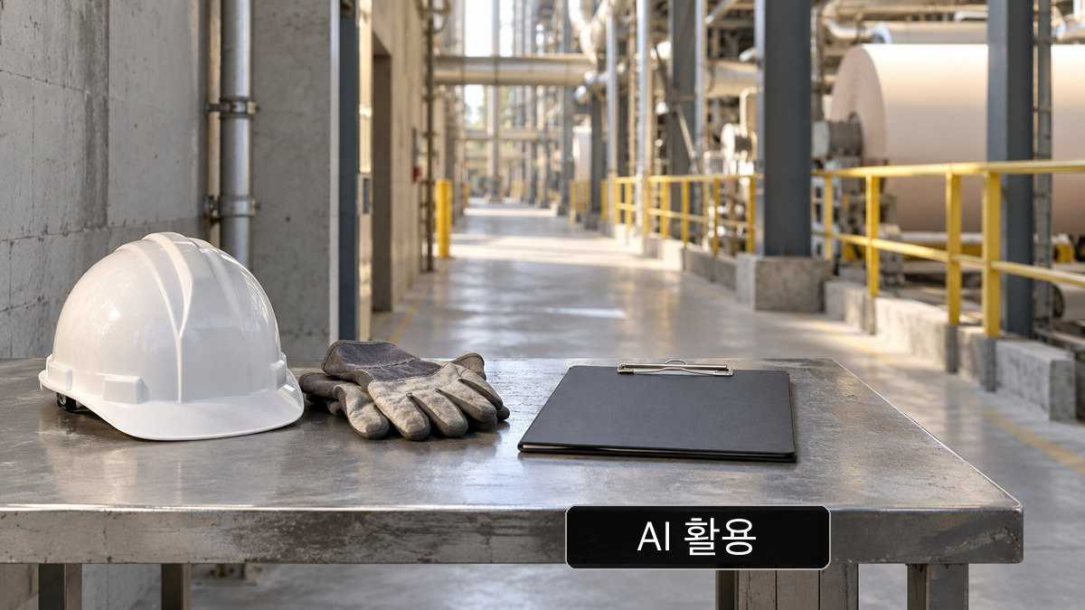 AI 생성 개념 이미지: 일반 산업 작업대 위에 놓인 빈 검은 클립보드, 안전모와 장갑. 실제 코빙턴 공장이나 사고 조사 기록을 보여주지 않음