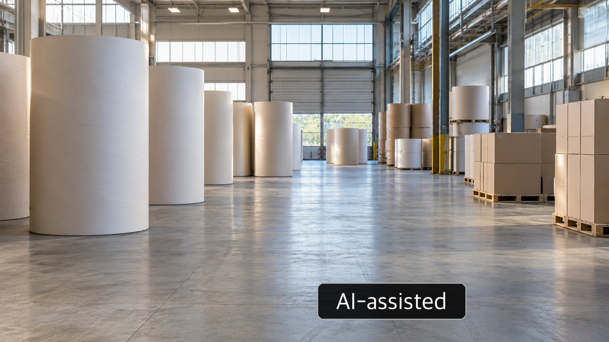 AI-generated conceptual image of upright paper reels on a generic warehouse floor with plain boxes on separate pallets; not Covington products, inventory or replacement capacity