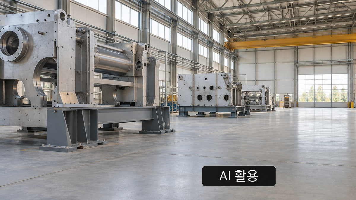 대형 제지설비가 놓인 일반 산업 현장을 표현한 AI 활용 개념 이미지; 대양제지 PM-9 실물 사진이 아닙니다.