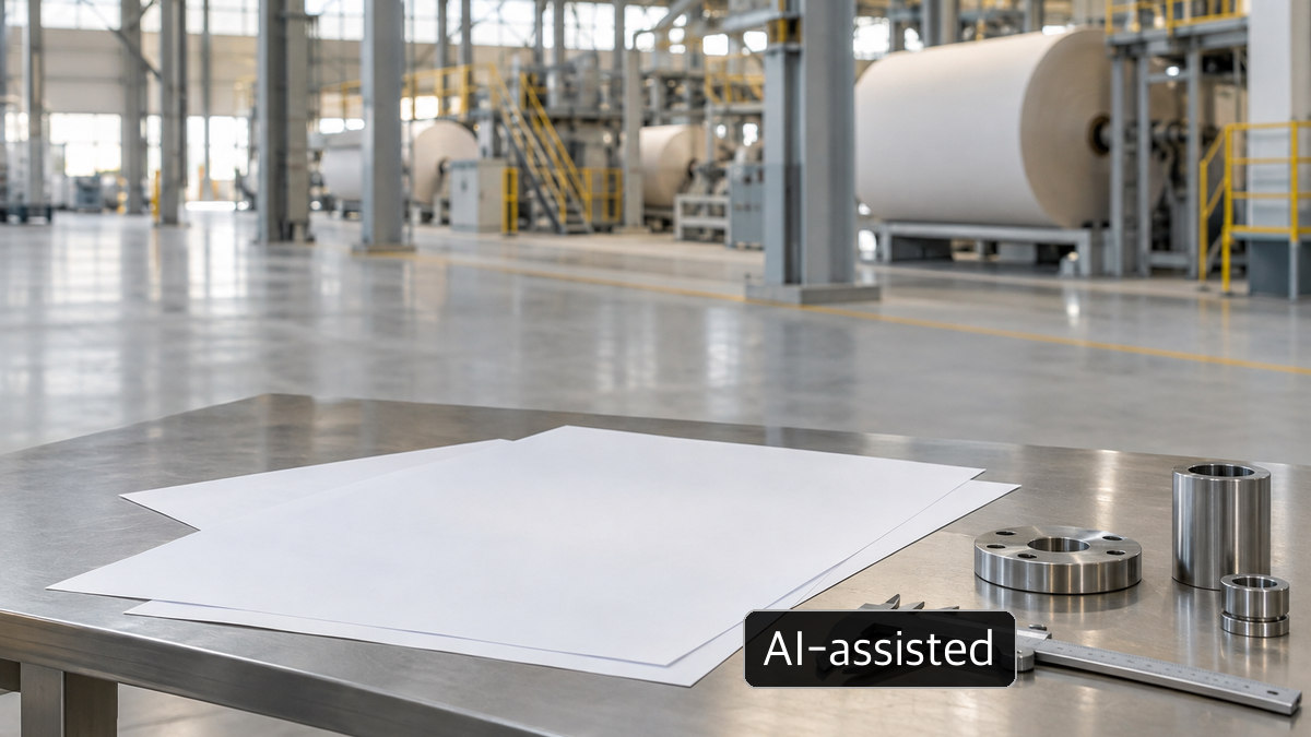 AI-assisted concept: blank paper sheets and measuring tools on a generic workbench with paper machinery behind; not actual Daeyang documents or equipment