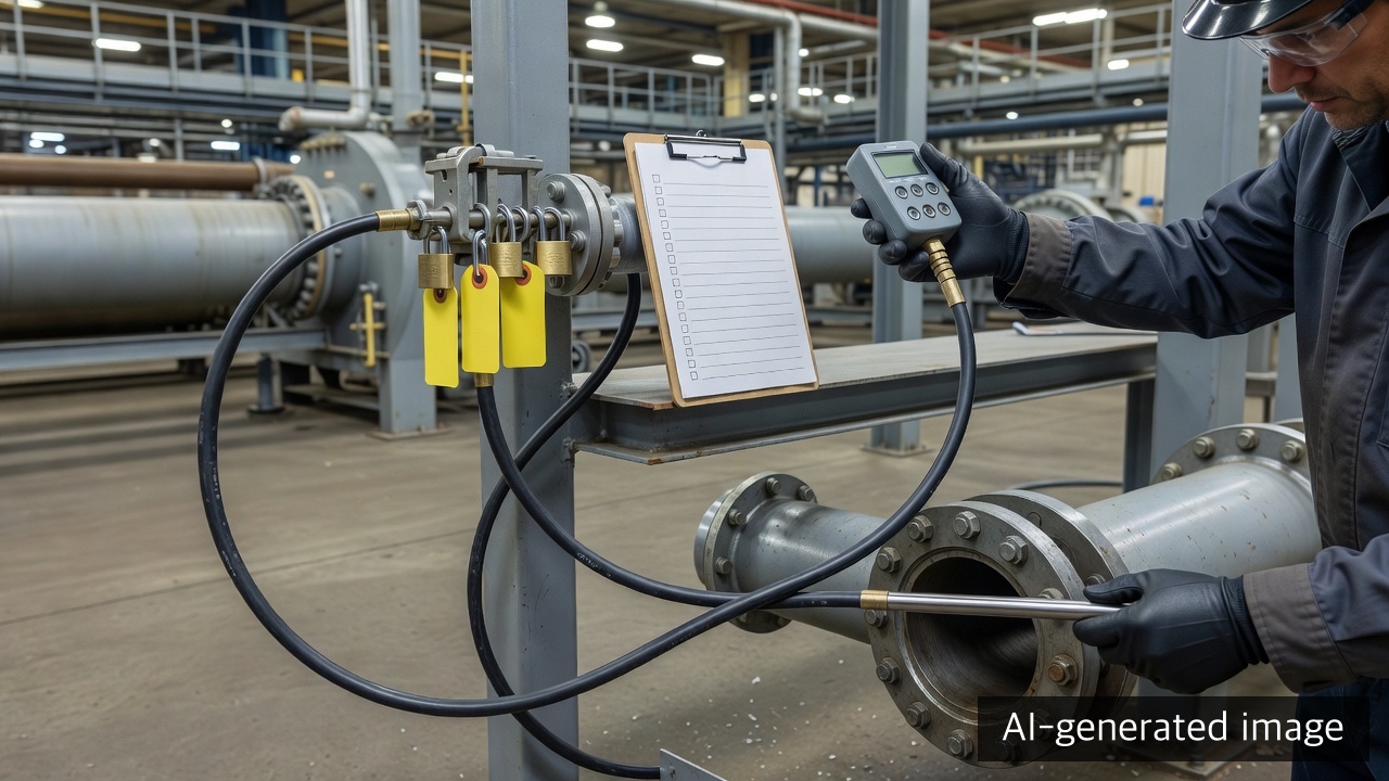A technician gas-testing an open pipe flange beside a locked and tagged valve before maintenance — AI-generated image