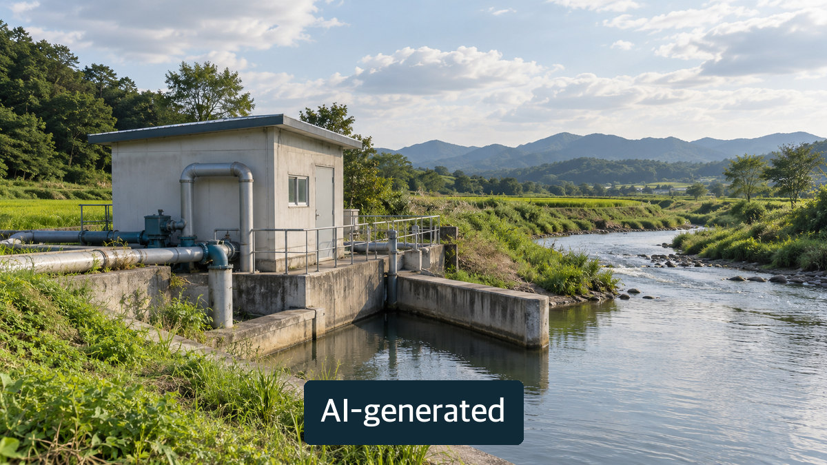 Generic rural riverside pumping infrastructure concept, not the actual Yongsan station