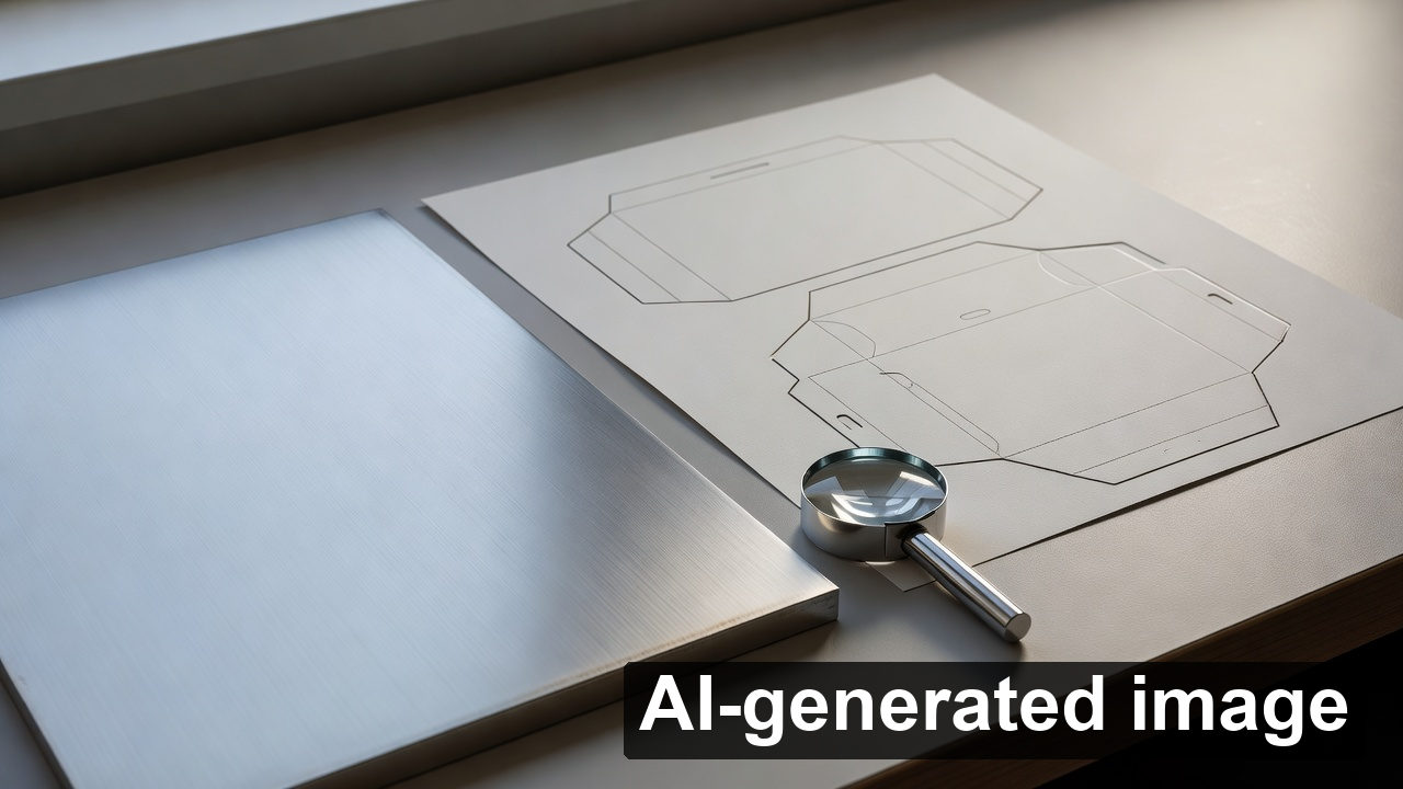 AI-generated illustrative carton dieline and metal printing plate; not Deogyu work