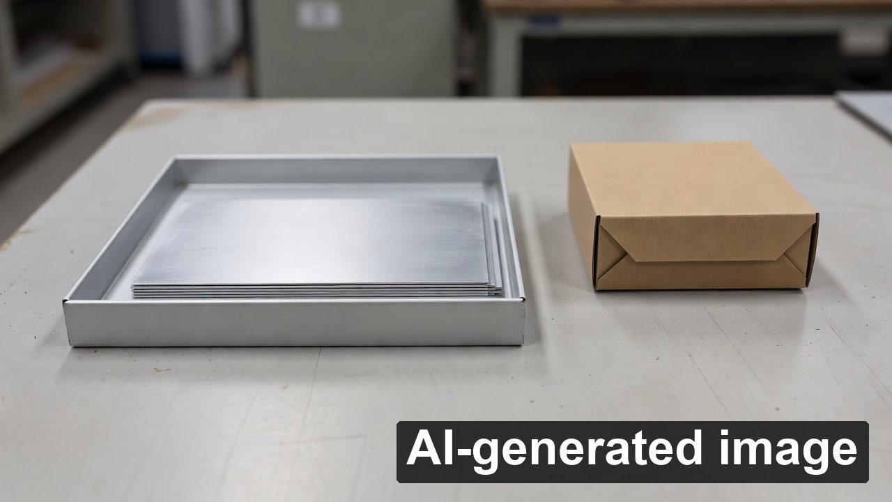 AI-generated illustrative metal printing plates and carton sample on a bench; not an actual CtP production record