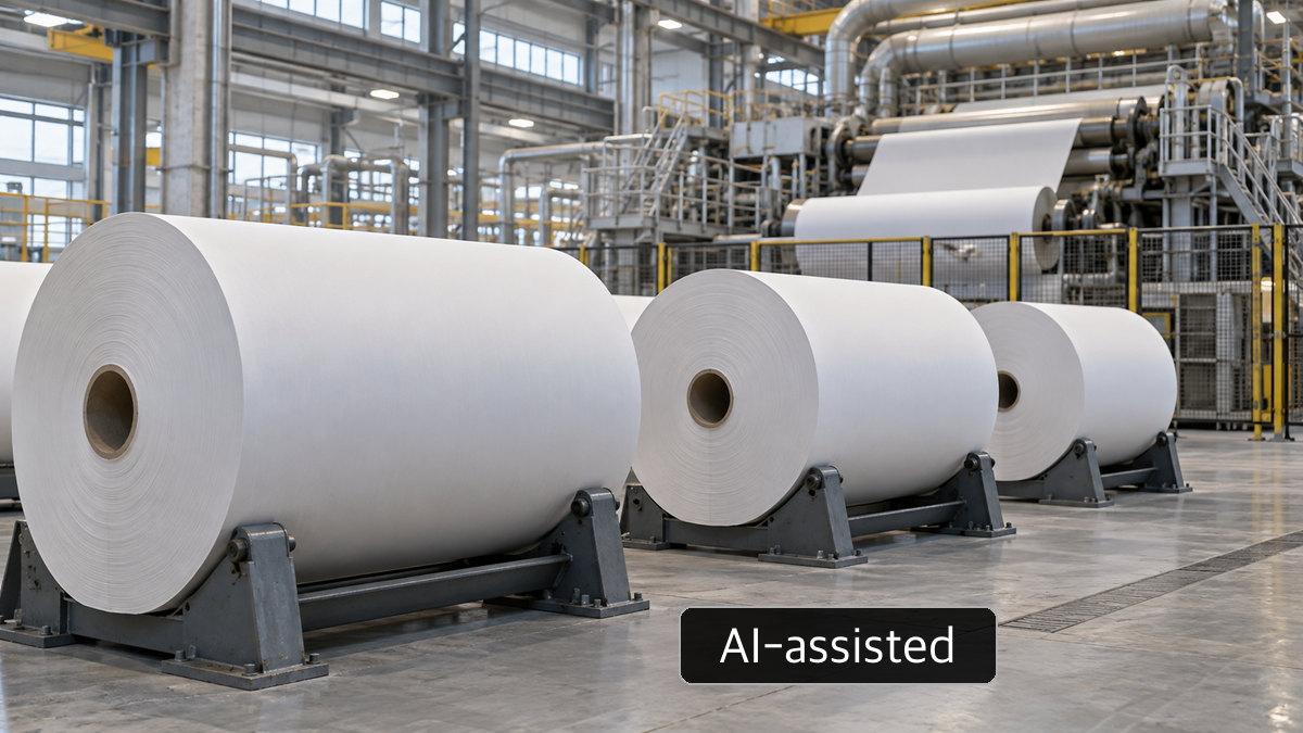 AI-generated conceptual view of paper reels at a generic specialty-paper mill; not Domtar's Nekoosa mill or an award ceremony