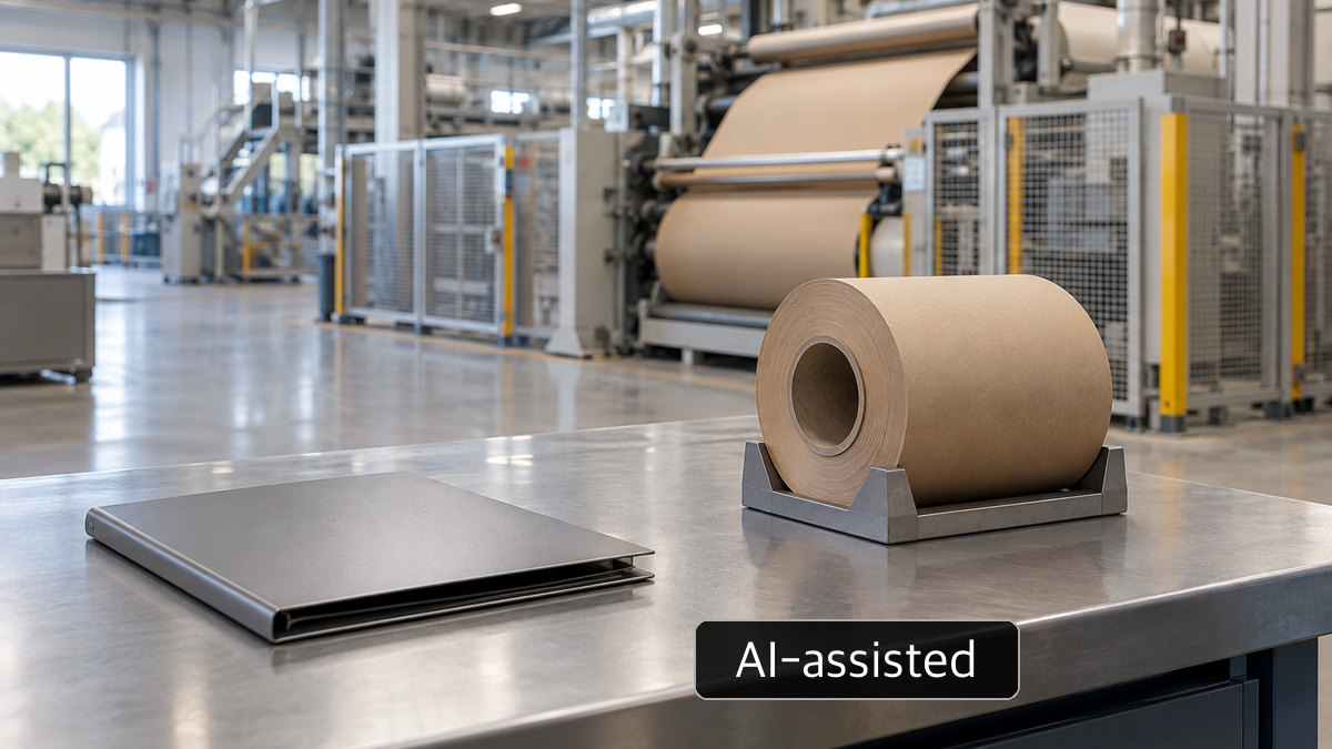 AI-generated conceptual image of a generic paper workbench and sample; not Nekoosa&rsquo;s energy readings, award certificate or an identified project