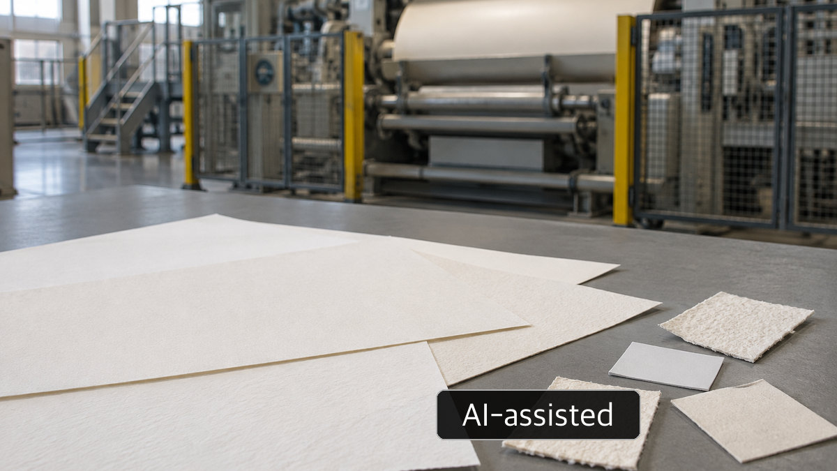 AI-generated conceptual image of unmarked paper and fiber samples on a generic workbench; not a Nekoosa product test or measured energy savings