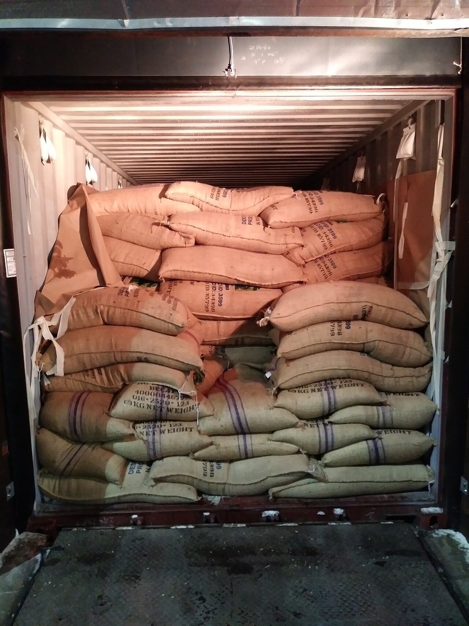 Coffee sacks stacked inside a freight container