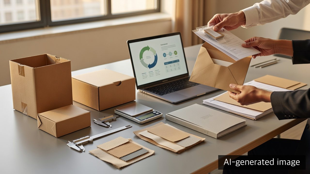 AI-generated image of a paper-packaging compliance data handoff meeting