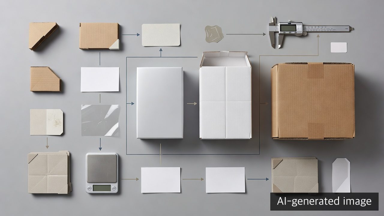 AI-generated packaging component map with primary, secondary, and transport packaging plus measurement tools
