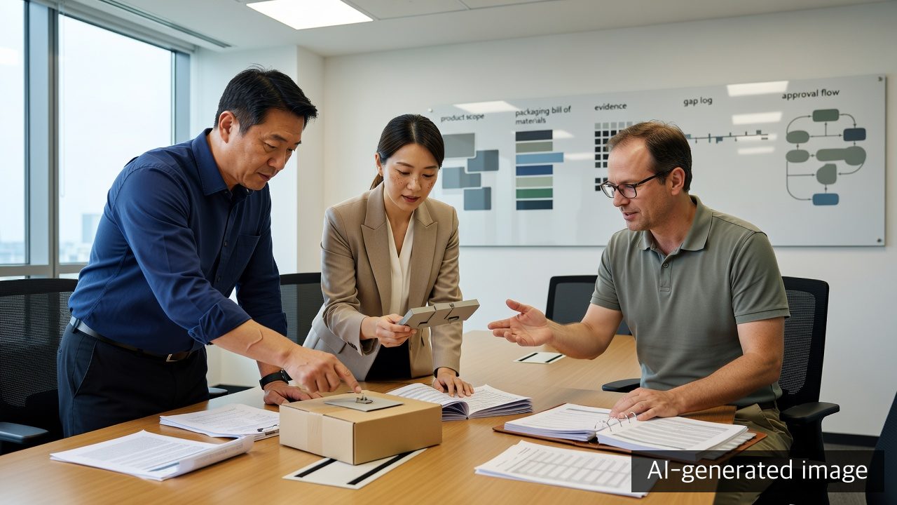 AI-generated workshop showing a manufacturer and external specialist reviewing packaging evidence