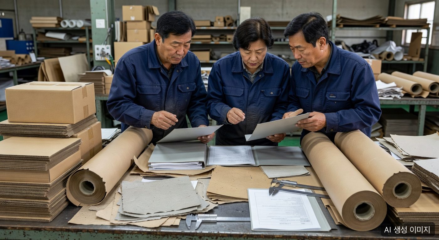 종이포장 샘플과 환경성 표시 증빙 문서를 검토하는 작업대