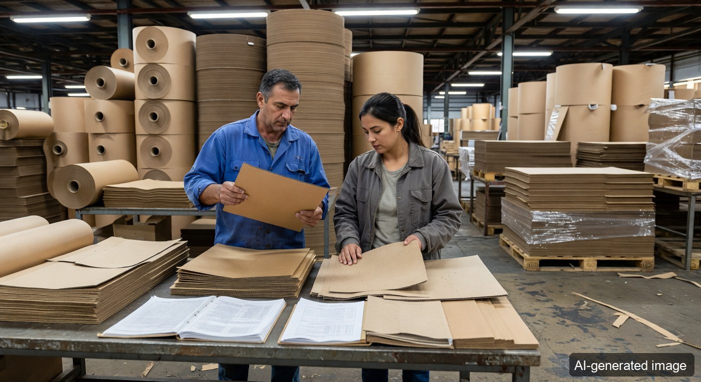 Packaging workers reviewing recycled fiber sheets, paper packaging samples, and documentation binders